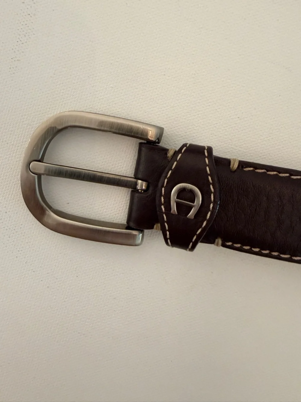 Aigner Leather Belt Brown Logo Buckle Made in Italy Size 32 Classic Stitch